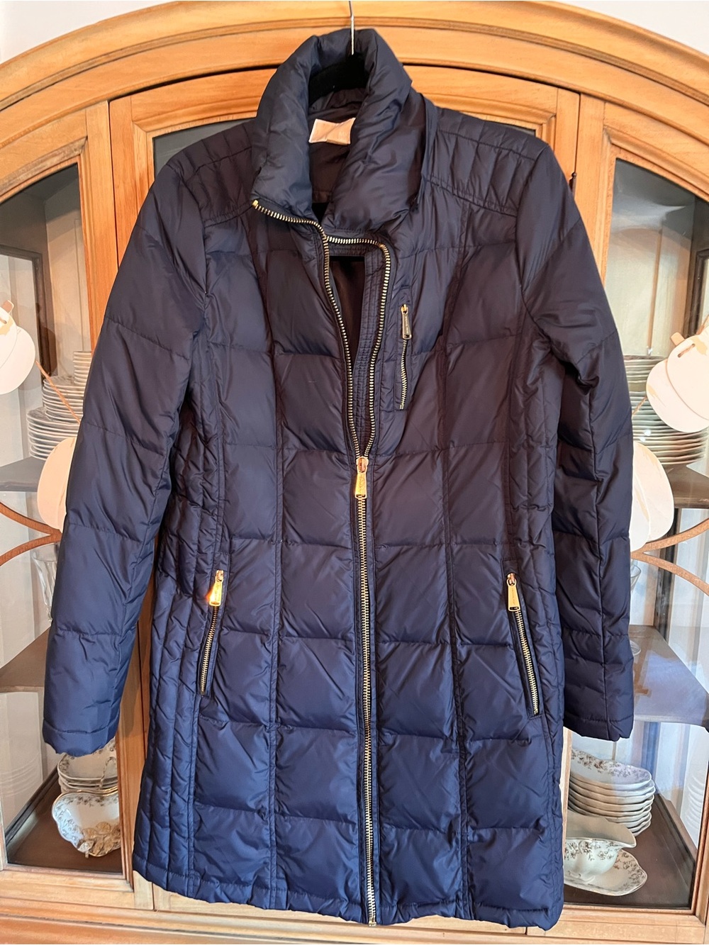 Michael Kors Navy ( leans black) Quilted Long Puffer Coat with Gold Zippers